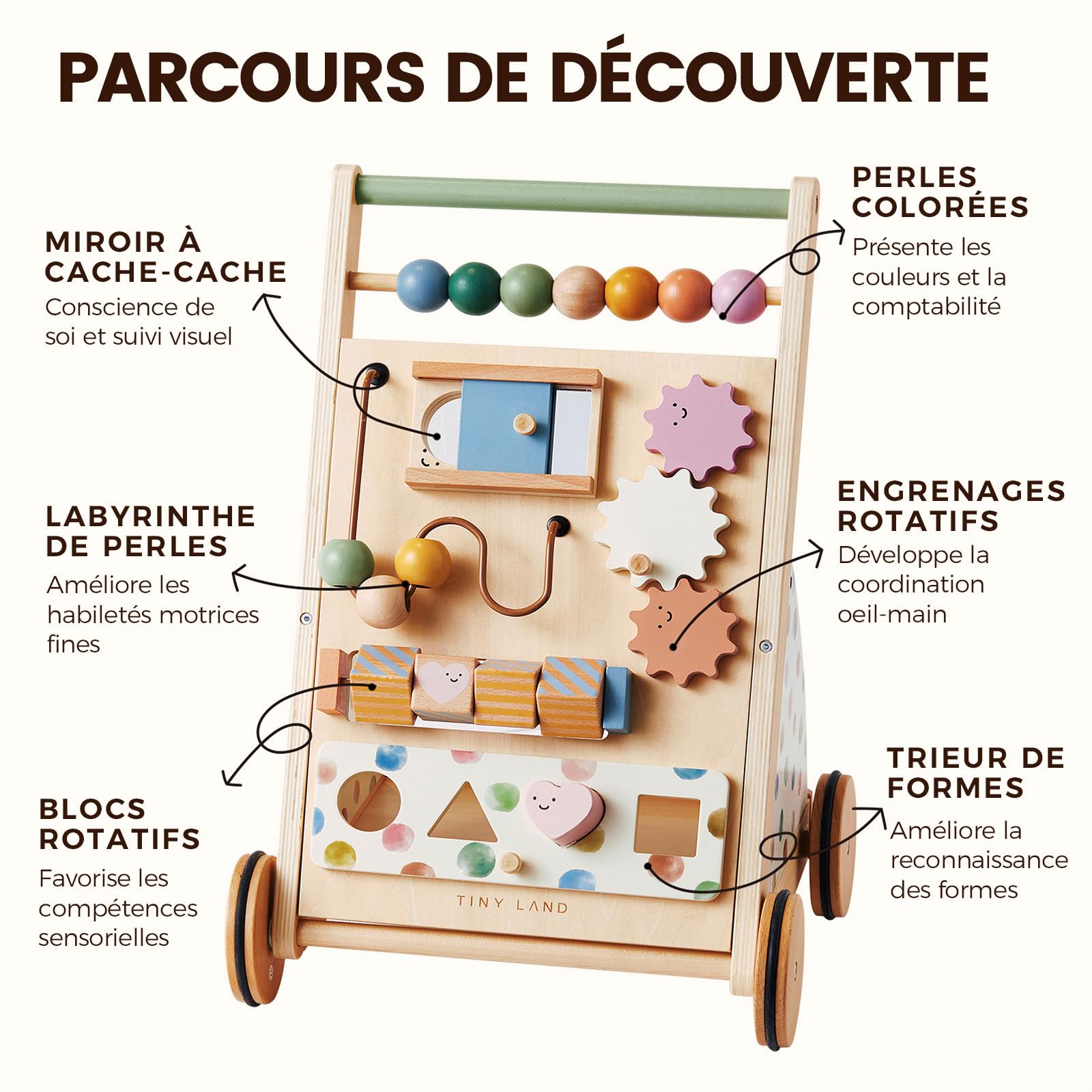 Tiny Land Trotteur en bois pour bébé - Aide à la marche avec vitesse réglable - Pour garçons et filles - Déambulateur et centre d'activité pour bébé
