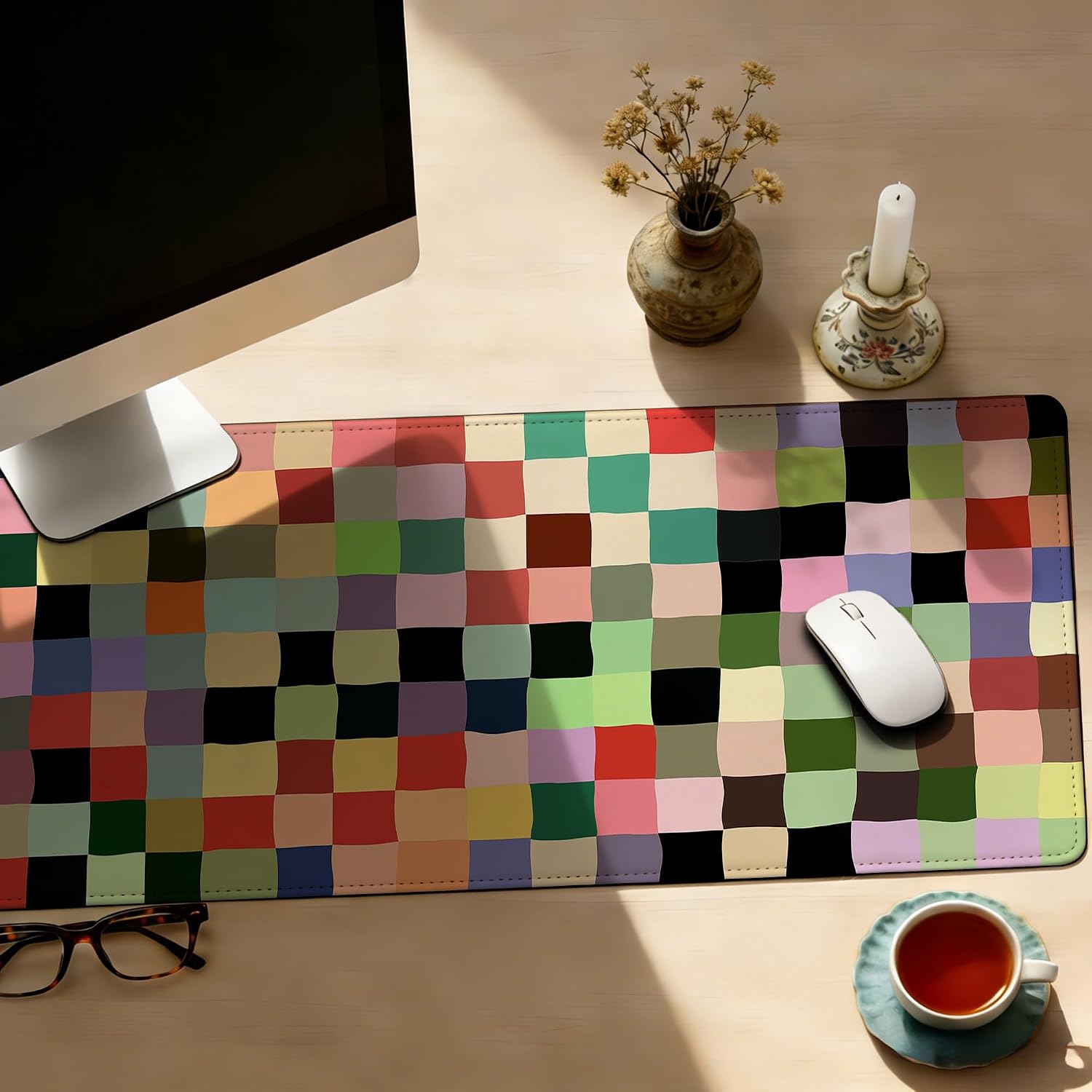 Large Gaming Mouse Pad Colored Squares Desk Mat,Non-Slip Rubber Base Stitched Edges,Extended Mousepad for PC,Laptop,Office,Home Decor(31.5 x 11.8 Inch) image 5