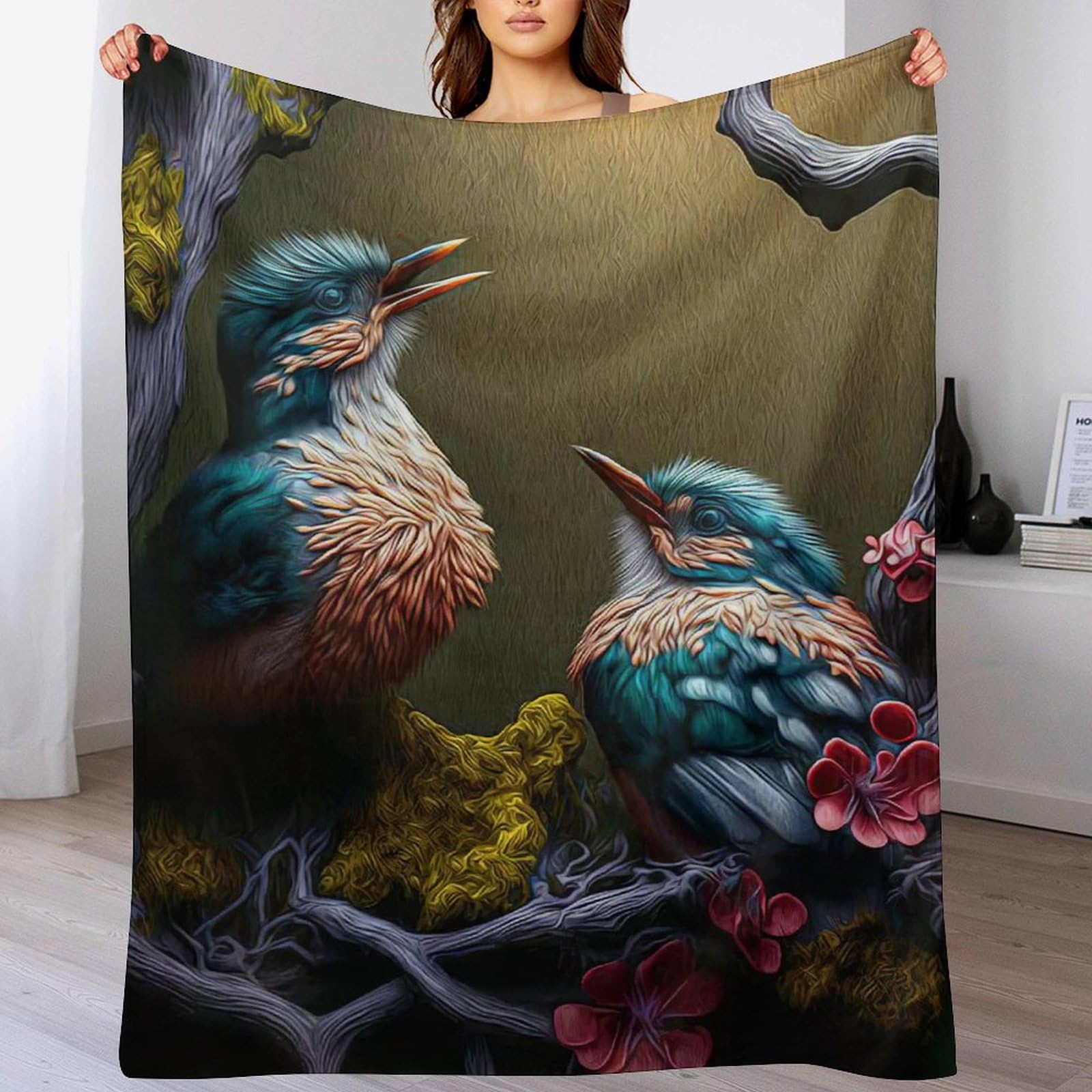 Couverture plaid oiseau en flanelle 130x150cm douce et chaude pour lit et canapé