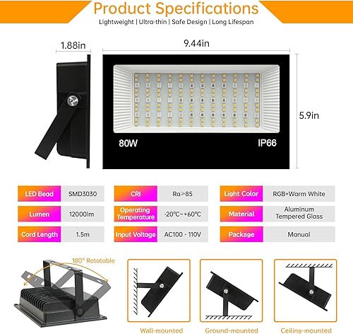 Miniatura 7 de Remon Luz de inundación LED para exteriores, equivalente a 800 W, 8000 lúmenes, iluminación inteligente RGB para paisaje, con control de aplicación,