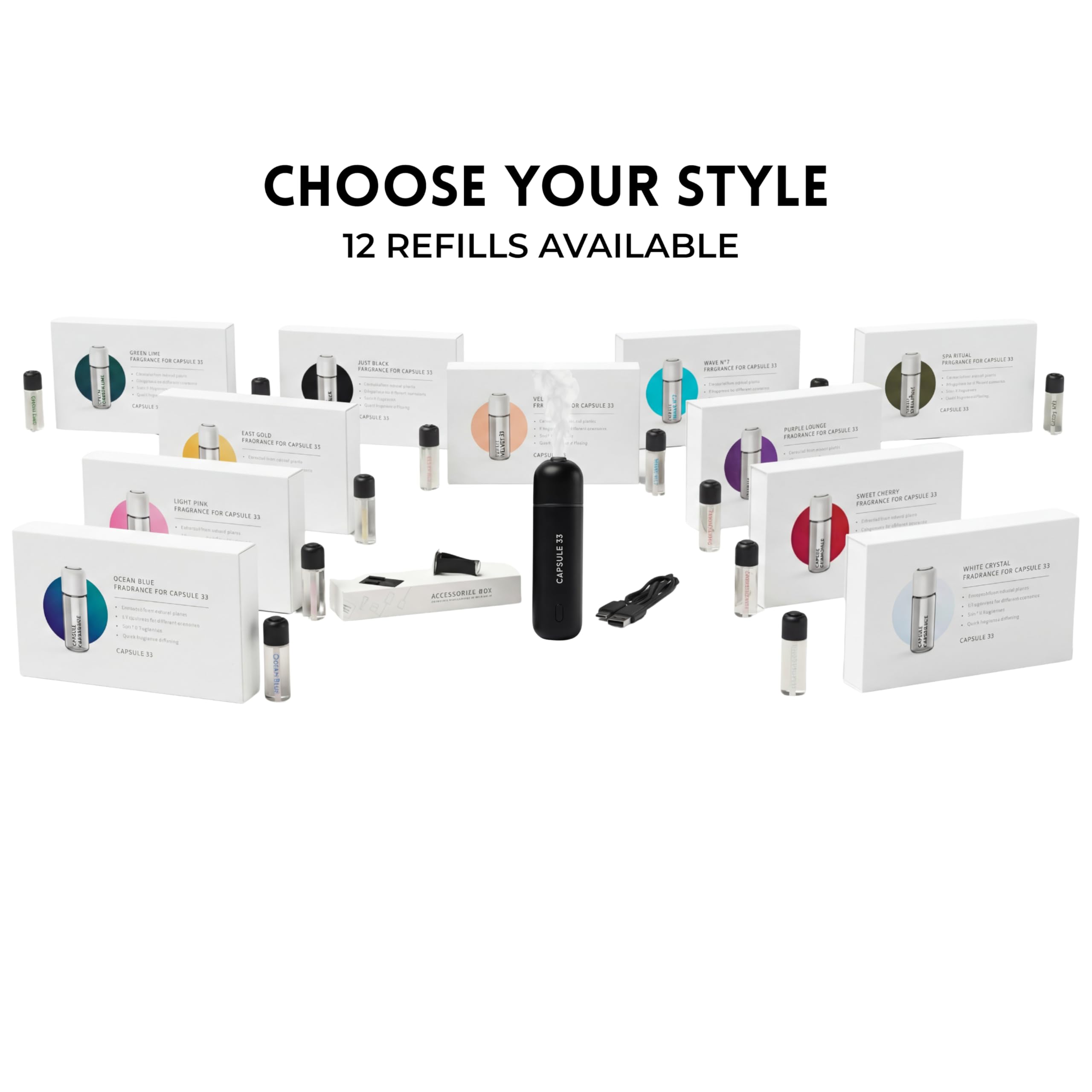 Paquete de iniciación de perfume para coche, ambientador de coche, difusor de aroma ultrasónico, 6 fragancias (cristal blanco, diamante rojo, oro oriental, azul océano, cereza dulce, rosa