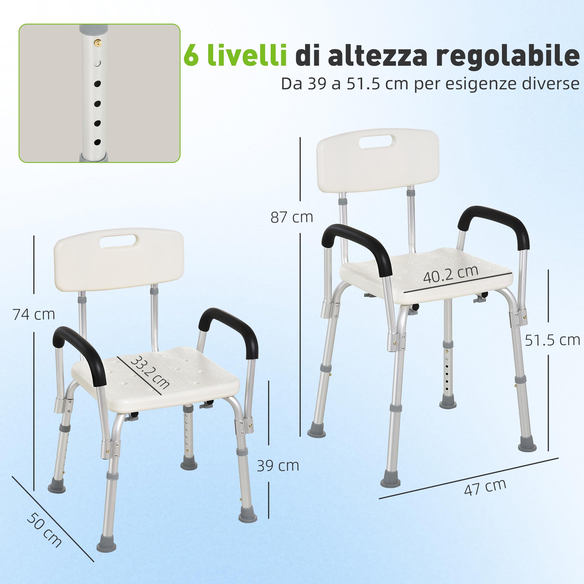 HOMCOM Sedia Doccia con Schienale, Braccioli, Altezza Regolabile, Sgabello Doccia con Piedini Antiscivolo, Montaggio Senza Attrezzi, Sedile per Anziani e Disabili, Interno, Bianco