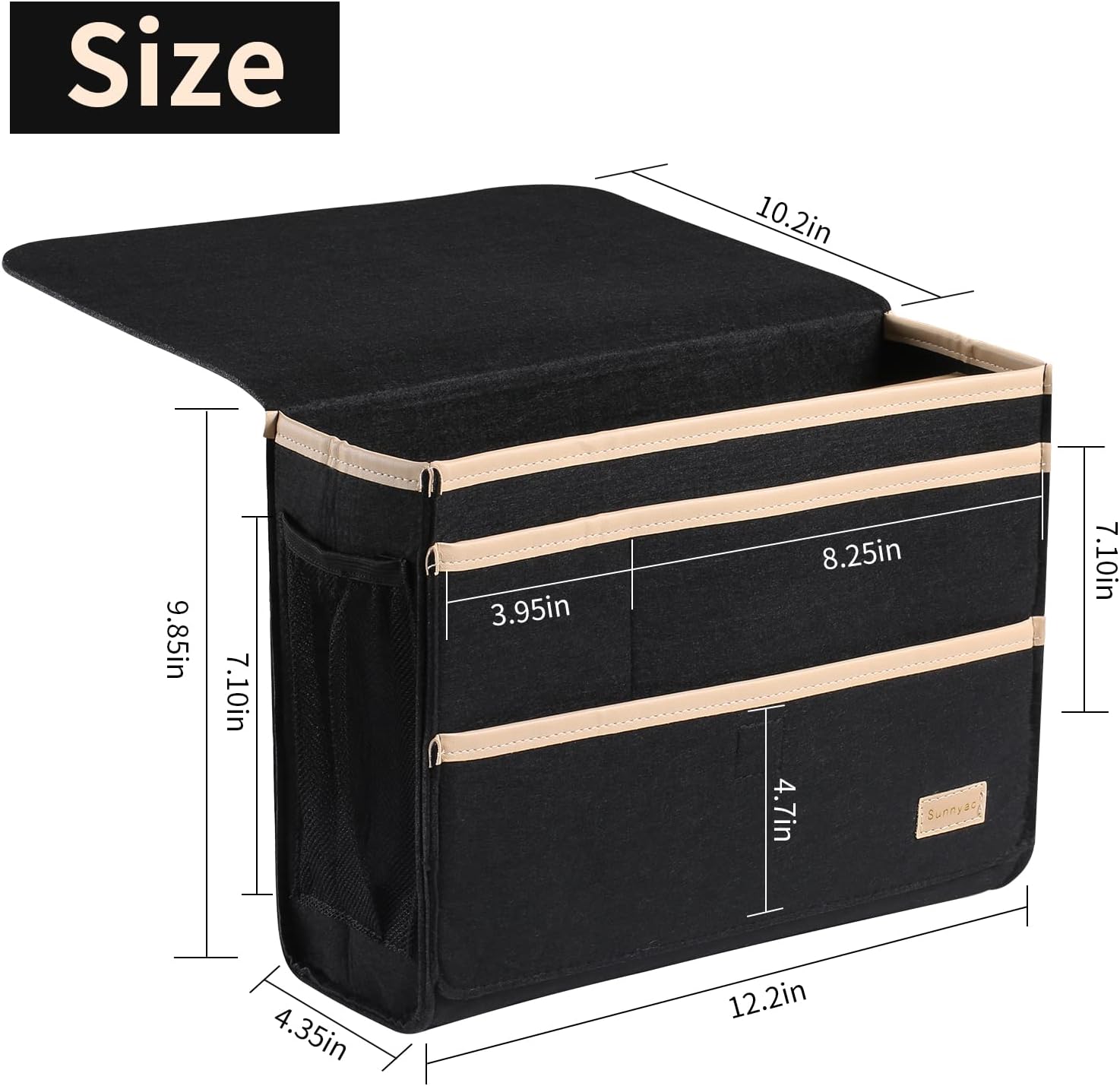 Sunnyac Bedside Caddy, Large Bed Caddy Organizer With 8 Pockets, Thick Felt Bedside Storage Caddy, Remote Holder, Great To Hold Phones, Tablet, Pens, Books, Magazines, Under Mattress Or Couch (Black)