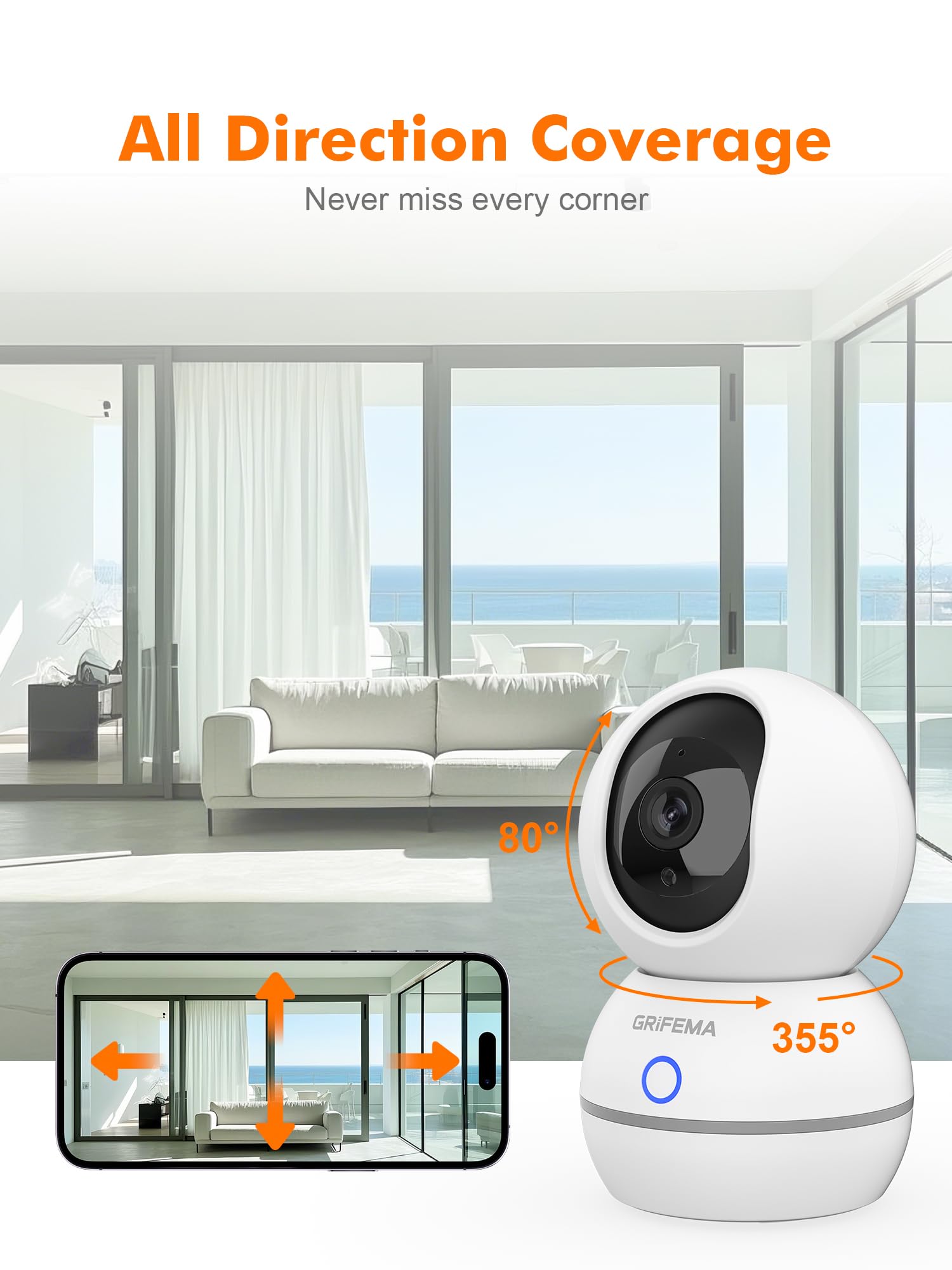 GRIFEMA Wewnętrzna kamera WiFi 360°, 1080P (3MP) z noktowizorem 10 m, wykrywanie człowieka/dźwięku, redukcja szumów 3D, pamięć SD/chmura, tryb prywatności dla dzieci/zwierząt, GD701