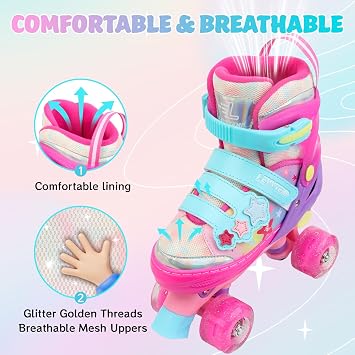 Kids Roller Skates for Girls Kids with Light Up Wheels, Adjustable 4 Sizes (10C-7.5Y), Star Design, Triple Safety System, Ideal Gift for Ages 3-12