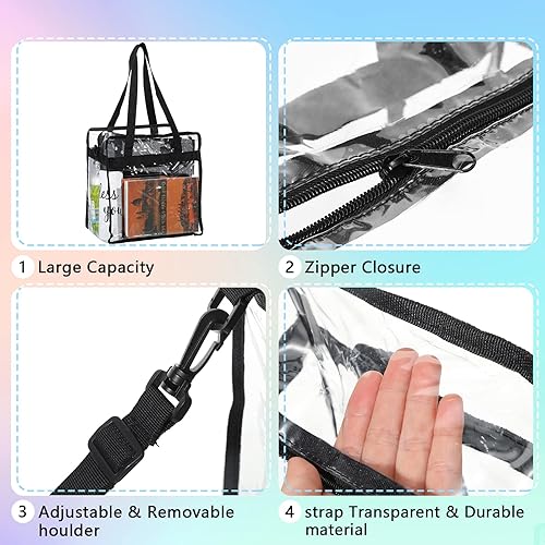 Miniatura 5 de 6 bolsas transparentes de mano, bolsa de hombro para estadio aprobada por seguridad, cierre de cremallera, 12 x 12 x 6 pulgadas, mujeres adultas,