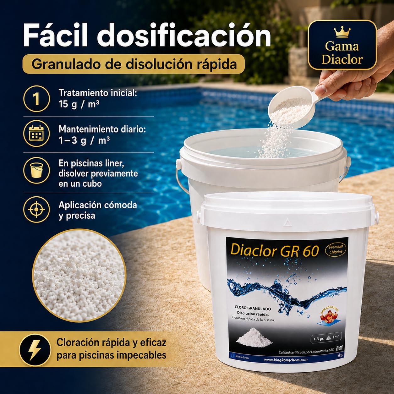 Pack 2 UDS - Cloro rápido para Piscinas DIACLOR GR 60 10 KG (2x5 KG) - Cloro granulado de disolución rápida Blanco