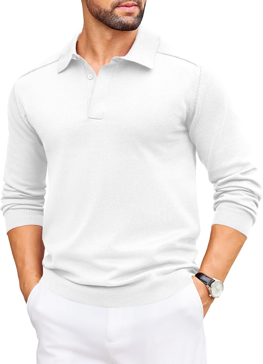 COOFANDY Mens Knit Polo Sweater Long Sleeve Polo Collared Sweaters Hidden Button Casual Pullover Sweater