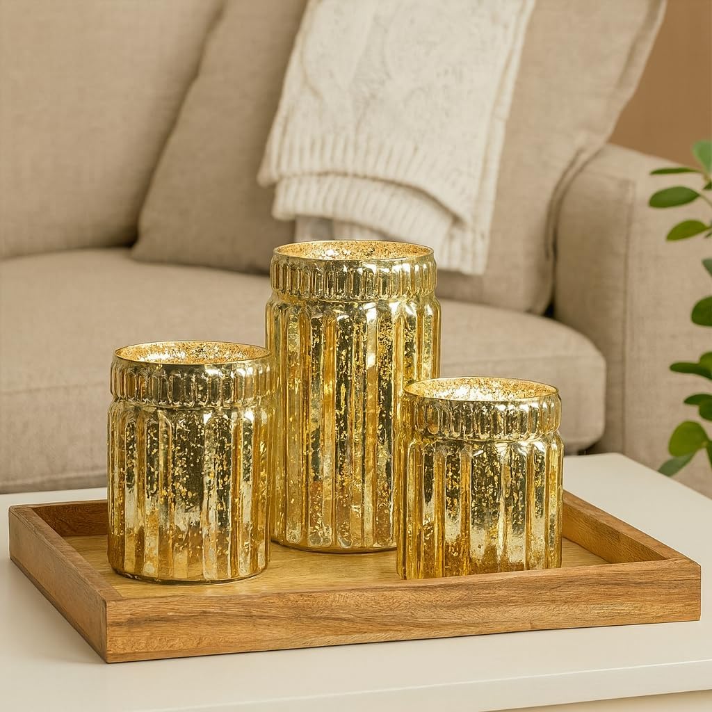 Koyal Wholesale Gold Mercury Glass Vases for Centerpieces, Set of 3 Decorative Flower Vases, Ribbed Vintage Candle Holder Style, Wedding & Home Table Décor