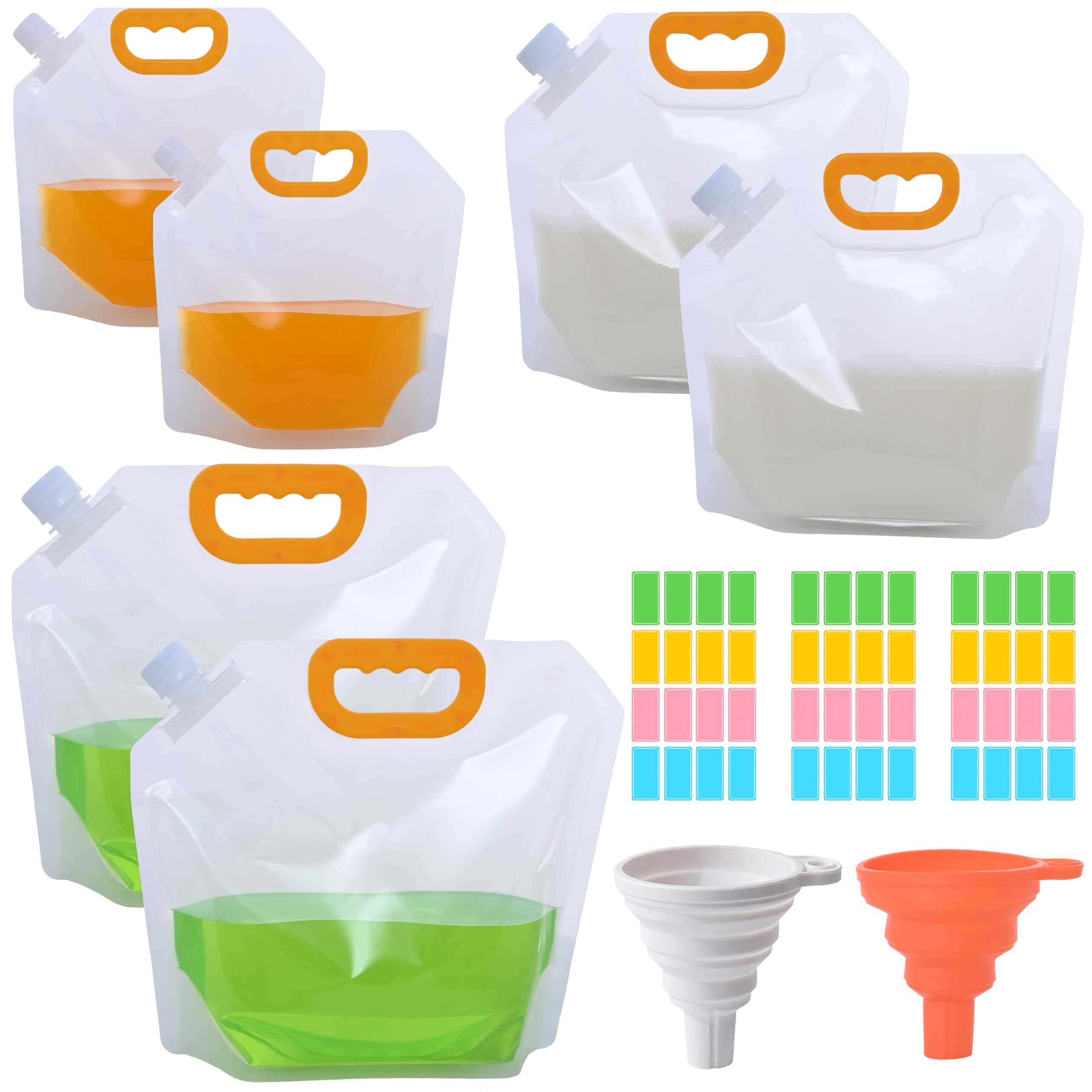 LSHYSMA 6Pcs Clear Large Handle Drink Pouches for Festivals,1L 1.5L 2.5L Refillable Alcohol Water Pouches,with Cover Funnel Stickers,Travel Plastic Juice Liquid Pouch for Camping,Party (6, 3 Size)
