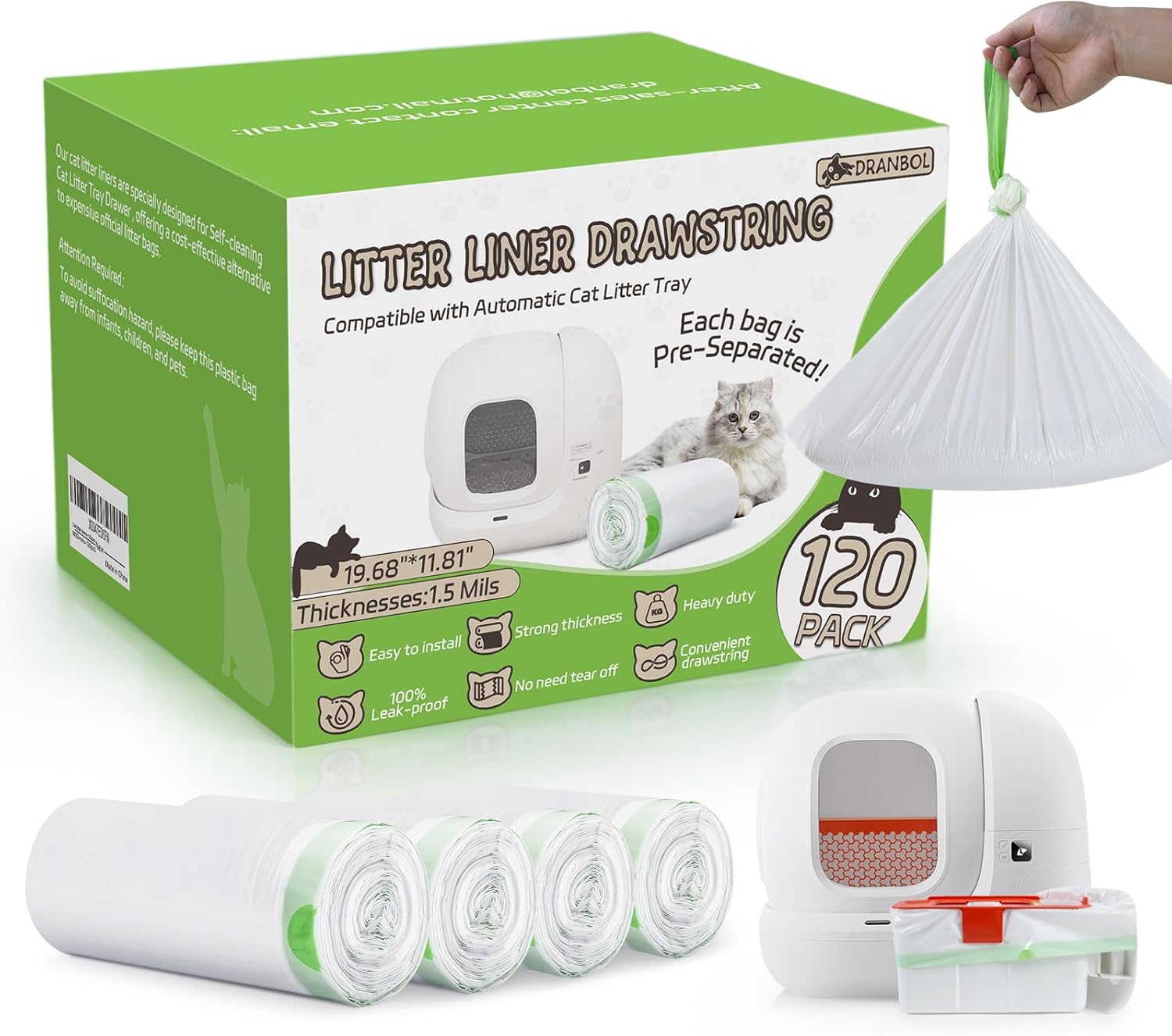 120 Pack Cat Litter Box Liners for PET KIT Pura MAX & X, Extra Thick Heavy Duty Drawstring Self-Cleaning Robot Litter Bags, Leak-proof Disposable Replaced Pet Kitty Poop Trash Bag 21.7″ * 11.8″
