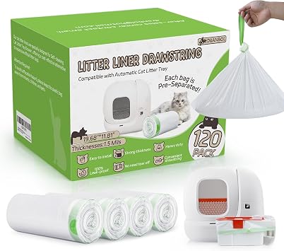 120 Pack Cat Litter Box Liners for PET KIT Pura MAX & X, Extra Thick Heavy Duty Drawstring Self-Cleaning Robot Litter Bags, Leak-proof Disposable Replaced Pet Kitty Poop Trash Bag 21.7" * 11.8"