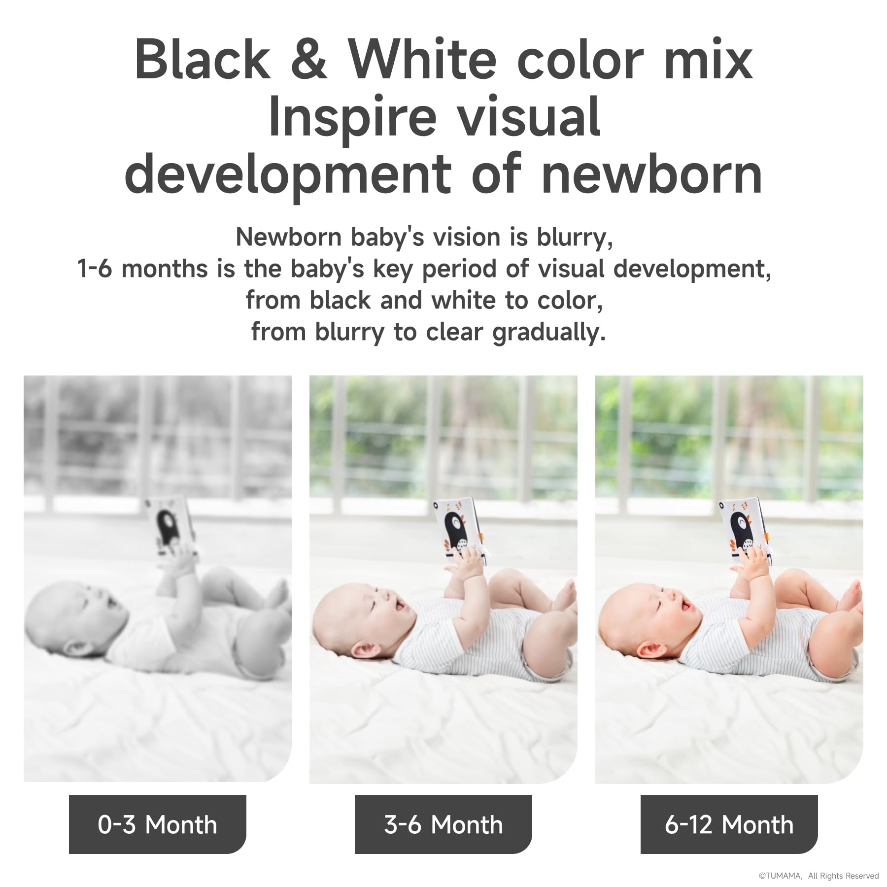 TUMAMA Jouet Hochet Bebe 0 2 3 4 6 8 9 Mois, Poussette Livre Noir Et Blanc Bébé 0-3 Mois Avec Le Miroir, Peluche Jouets livres D'éveil Cadeau pour Naissance Nouveau Né Garçons et Filles (4pcs)