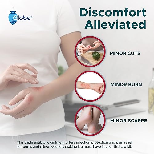 Miniatura 3 de Globe First Aid Antibiótico Burn Relief, ungüento antibiótico triple de máxima fuerza para protección contra infecciones 24 horas, 2 onzas