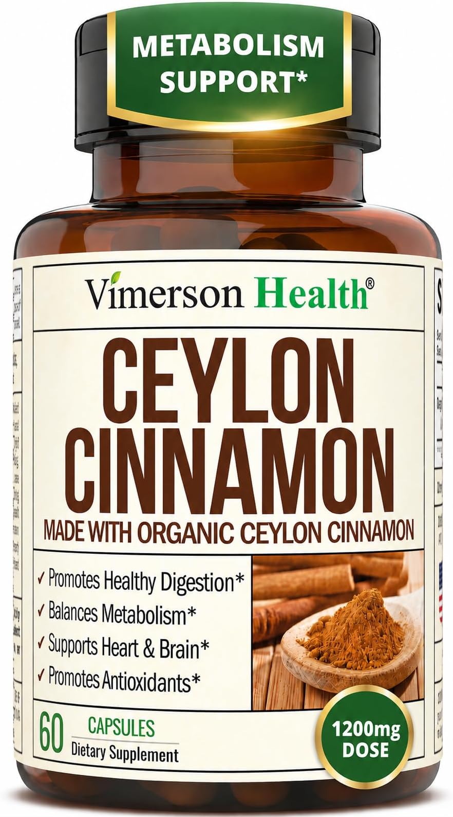 Organic Ceylon Cinnamon Capsules - Ceylon True Cinnamon Supplements (Canela de Ceylan) for Inflammation Balance, Cognitive Function, Metabolic, Antioxidant Support. Non-GMO. Vegan. 60 Caps Made in USA