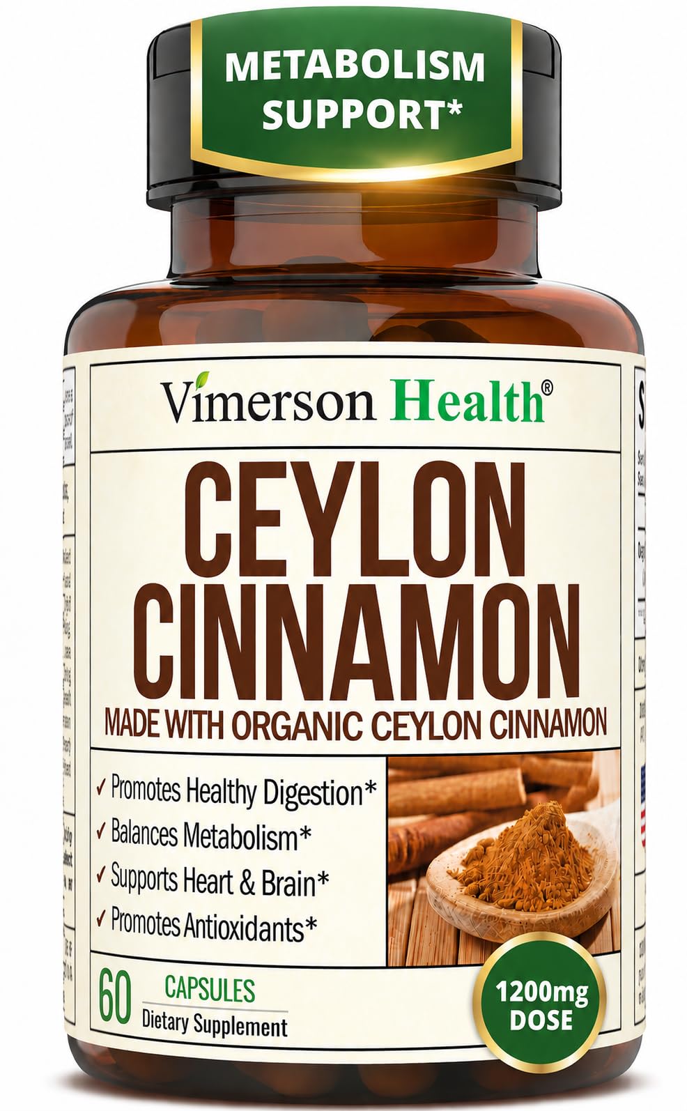 Organic Ceylon Cinnamon Supplement for Healthy Blood Sugar Levels, Joint Support, Brain Function and Cardiovascular & Digestive Systems. Effective Anti Inflammatory & Antioxidant True Cinnamon