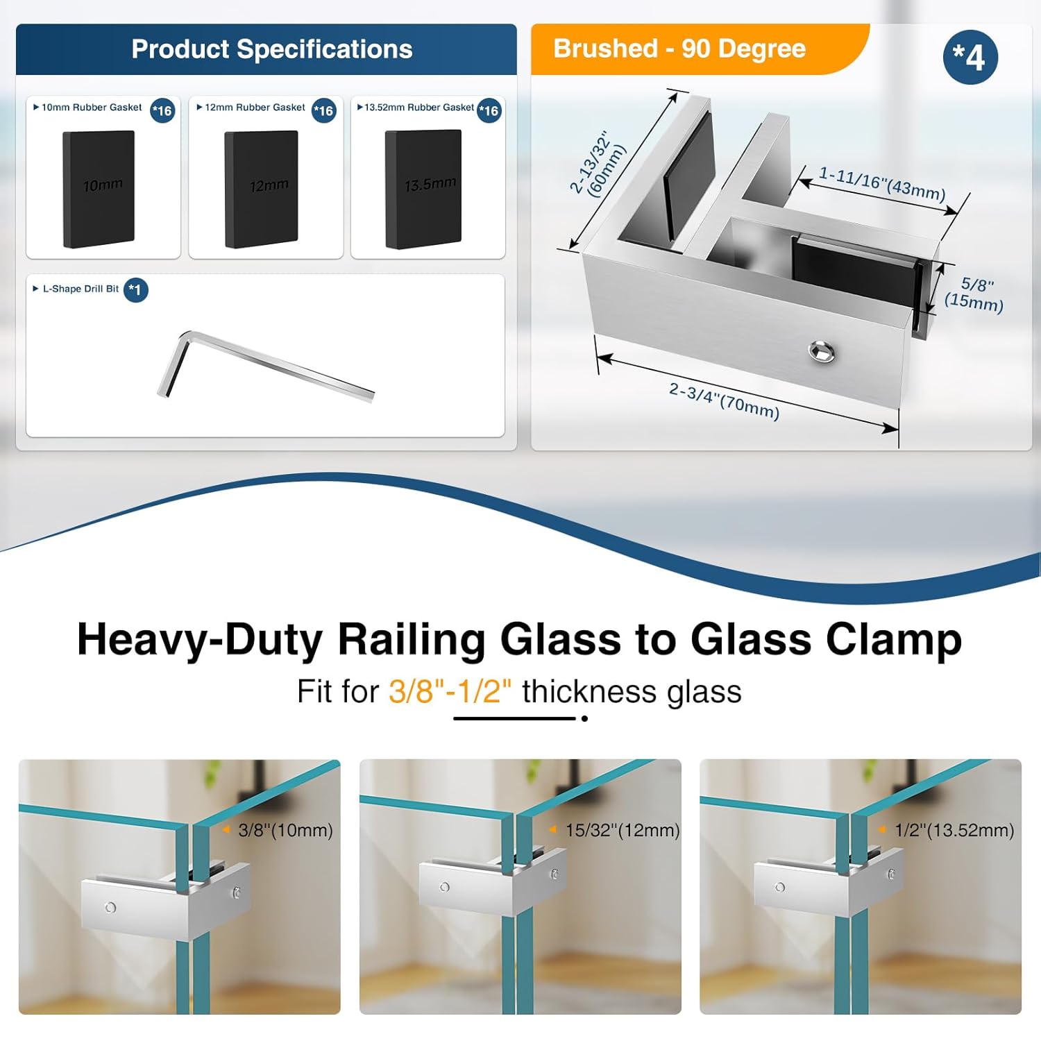 4 Pack T316 Marine Grade Railing Glass to Glass Clamp, Stainless Steel Bracket for Balustrade, 90 Degree Brushed Finish Railing Clip Holder for Pool Fence, Balustrade, Balcony Deck