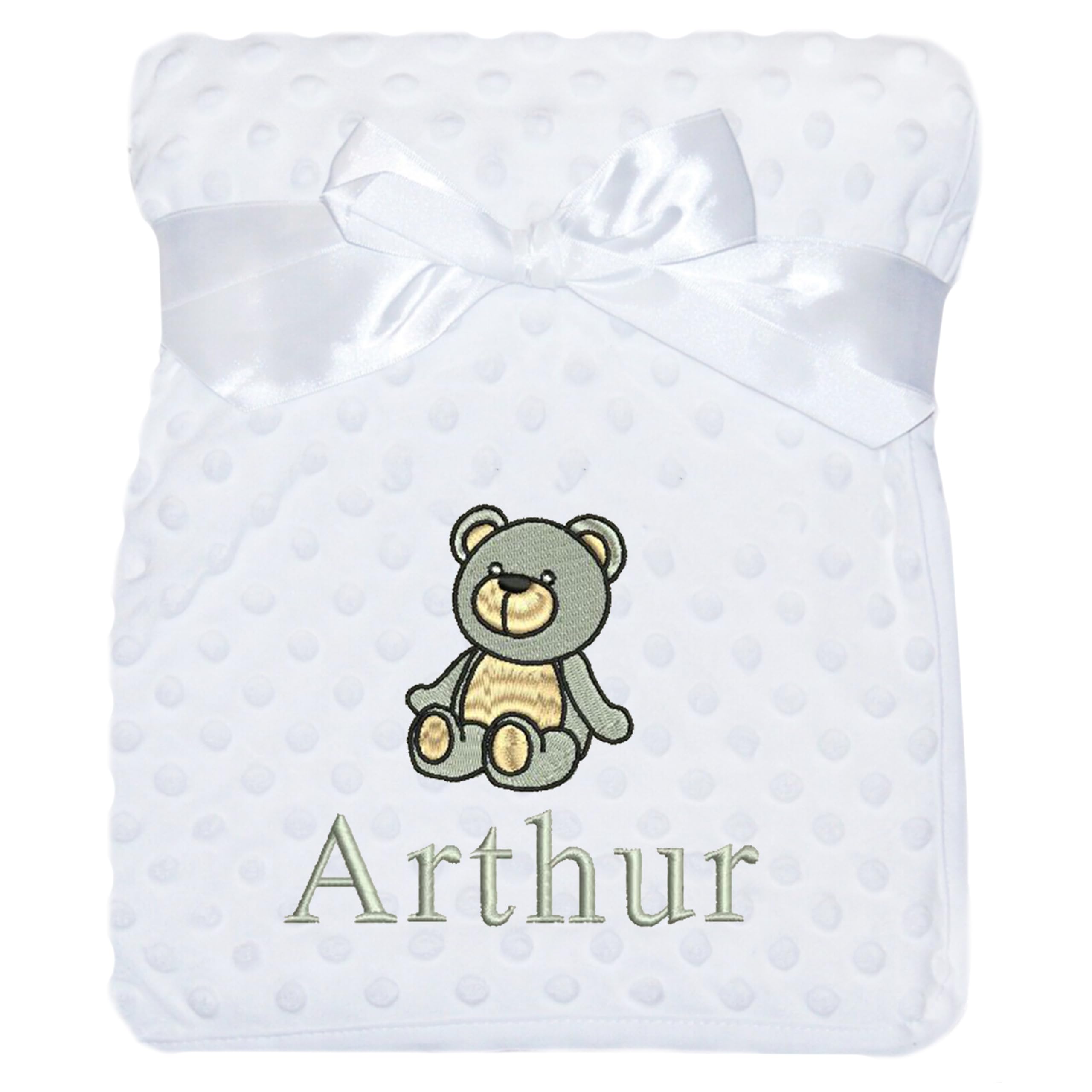 JJLC Personalised Baby Bobble Blanket Embroidered Bear & Name Soft Fleece Wrap (White Bobble)