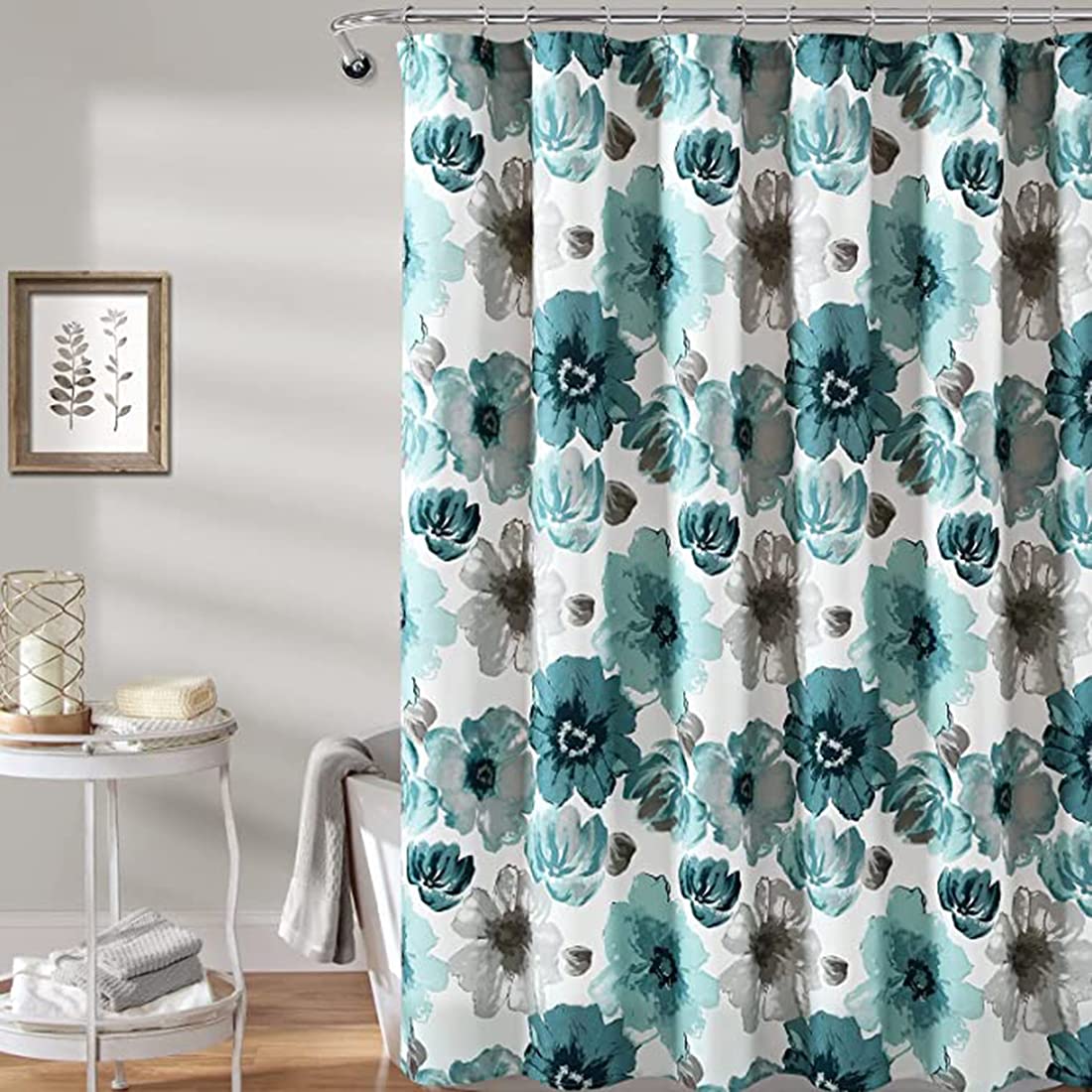 KASTWAVE Shower Curtains, Bathroom Set Blue and Gray Colourful Marble Shower Curtains for Bathroom Decor with 12 Hooks Watercolor Floral Bathroom Curtain Decor, Heavy Gray Shower Curtain 180 x 180 cm
