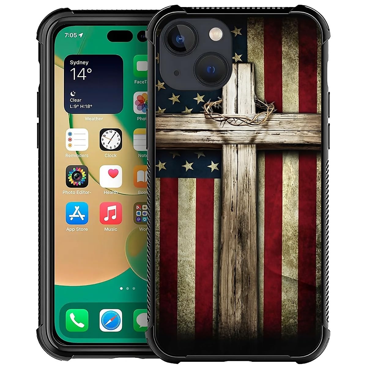 for iPhone 13 Case 6 1-inch with Cross American Flag Four Corner Airbag Protection Design Soft Silicone Frame