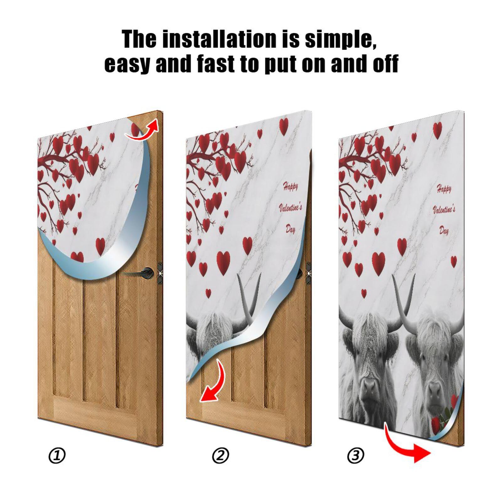 FLildon Highland Cows Valentine's Day Heart Tree Door Cover Decoration, Party Accessory Porch Decor for Festive Ornament Room Door Covers 35 x 79 Inch