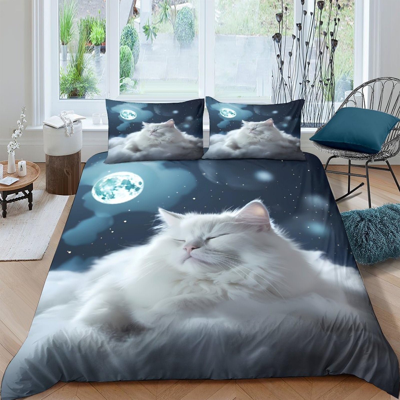 Ctjqhvkz Style-2 3D Printed Moonlight Cat Fitted Sheet Microfiber Soft Breathable Night Sky Bed Cover For Bedroom Dorm Mattress Decor Single（135X200cm）