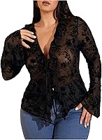 WDIRARA Women's Plus Size Floral Lace Sheer Tie Front Long Bell Sleeve T-Shirt Going Out Top