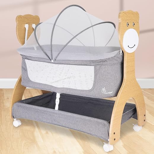 R for Rabbit Lullabies Woodsy 2 in 1 Manual Swing Wooden Cradle Newborn Baby Convertible Cot Bassinet with Mosquito Net, Lockable Wheels & Storage Space for Kids 0-12 Months, Upto 12 Kg (Dark Grey)