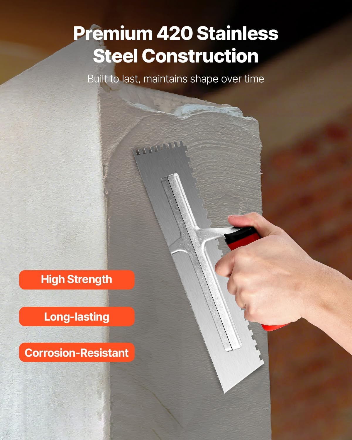 VEVOR Tile Tools, Stainless Steel Squared Notch Tile and Flooring Trowel, 10.9 x 4.4 in Pro Grade Drywall Tool, Ergonomic Rubber Grip Comfort Handle, for Apply, Spread, Flatten, Smooth, Polish