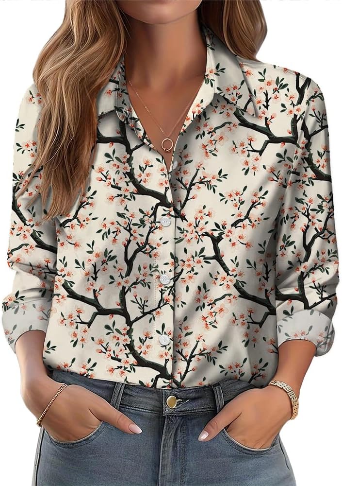 Womens Button Down Shirts Vintage Graphic Boho Floral Printed Long Sleeve Classic Collared Business Tops for Women