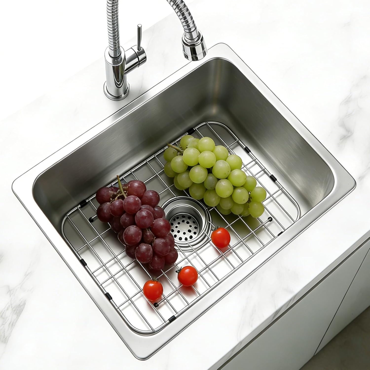 GUUKIN Sink Protectors for Kitchen Sink Bottom, 24" x 12"Stainless Steel Sink Protector with Center Drain Hole, Sink Rack with Extra Replacement White Rubber Feet