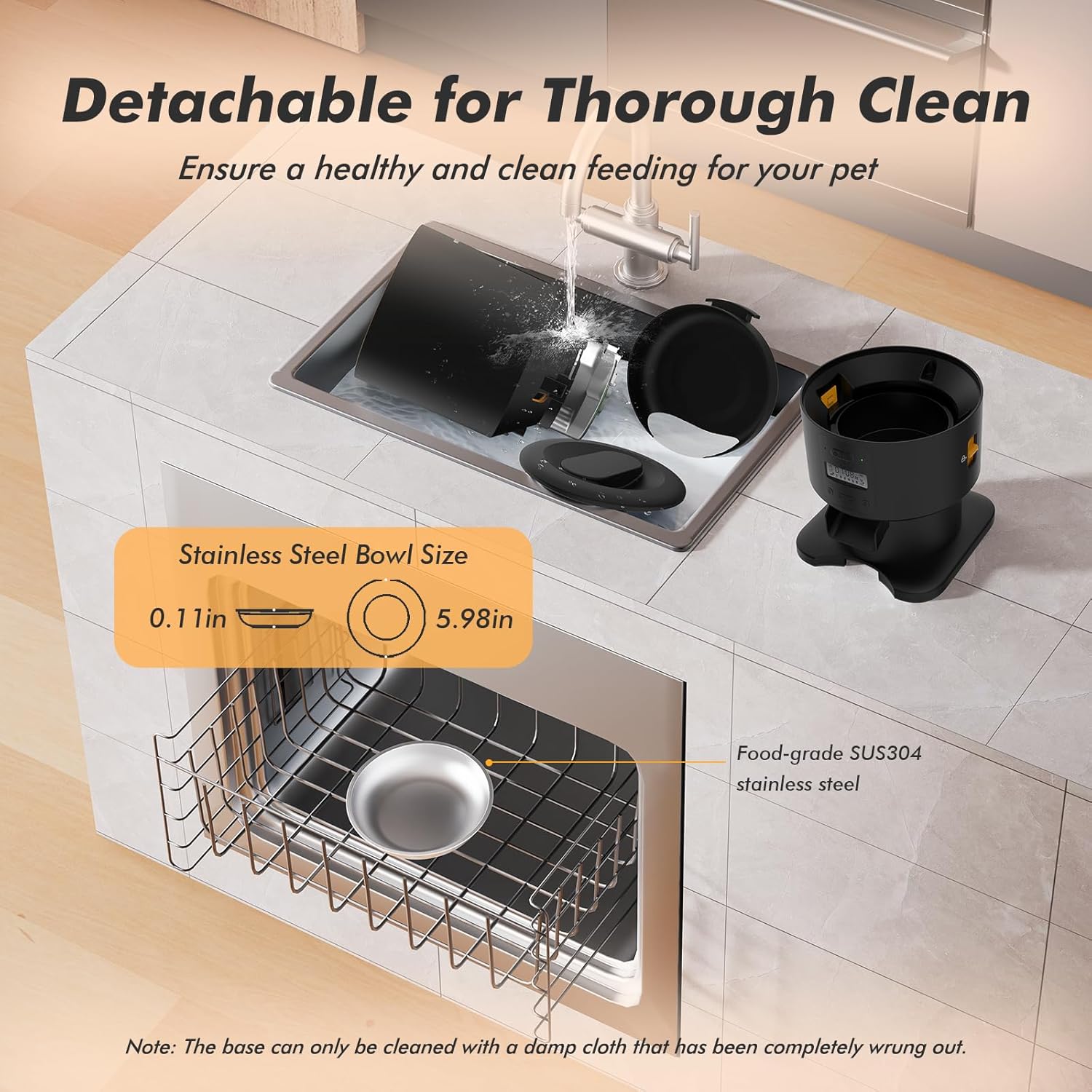 Image showing disassembled parts of the feeder being washed in a sink and placed in a dishwasher