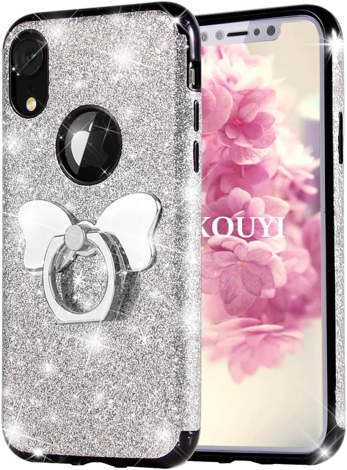 KOUYI for iPhone XR Case, [Glitter 3 in 1 Series] Fashion Glitter Sparkle Shiny Bling Diamond Protective Case Cover with Butterfly Ring Grip Holder Kickstand for iPhone XR 6.1 Inch (Silver)
