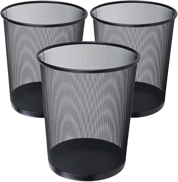 AYSUM 3 Pack Metal Mesh Waste Paper Bin 12 Litres Lightweight Mesh Wastebasket Waste Bin Black Metal Rubbish Bin for Bedroom, Office, Bathroom, Kitchen (Black Round)
