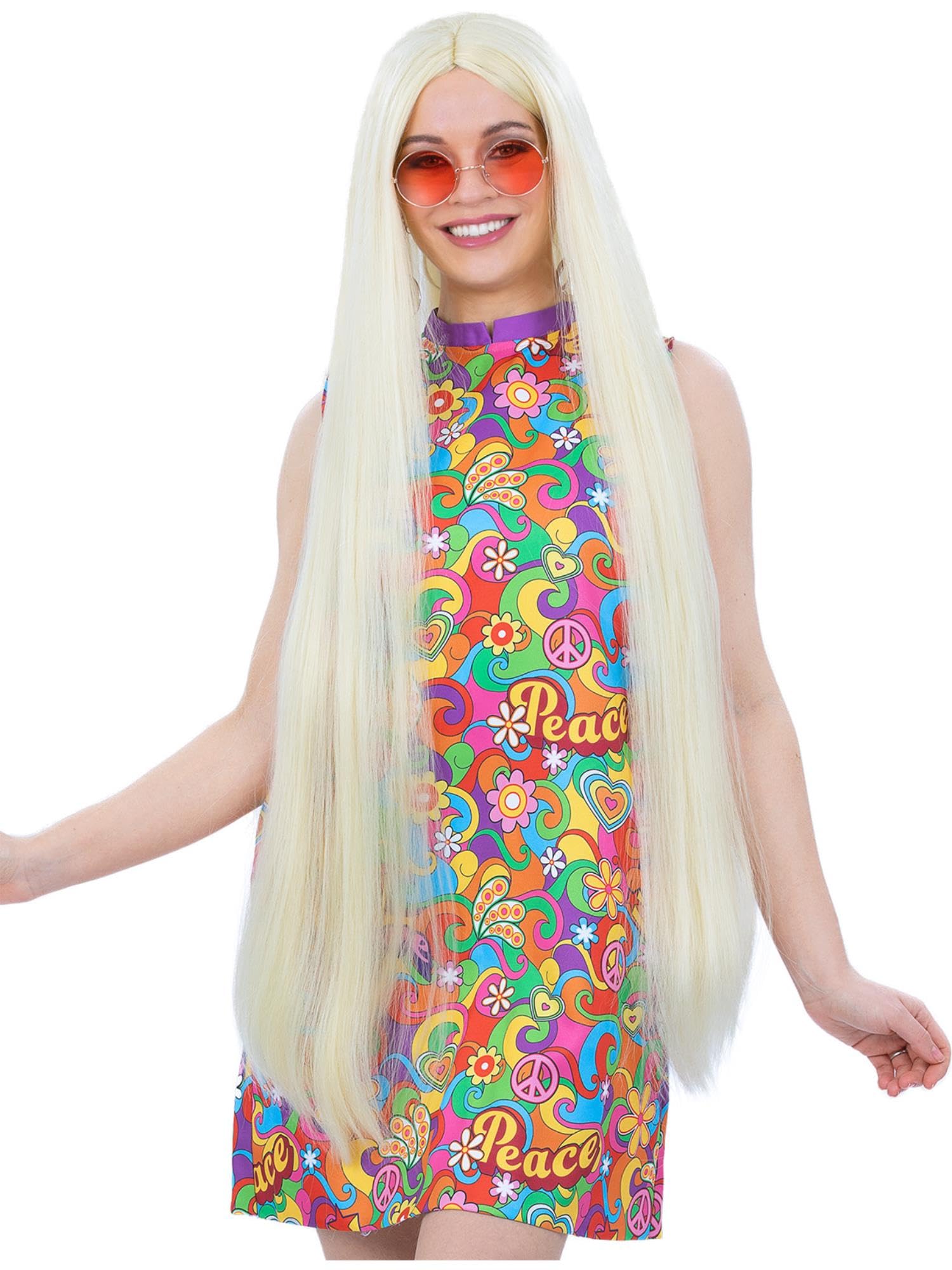 Smiffys Extra Long Hippie Wig, Blonde Straight, 1960's Groovy Fancy Dress, 1960s Dress Up Wigs