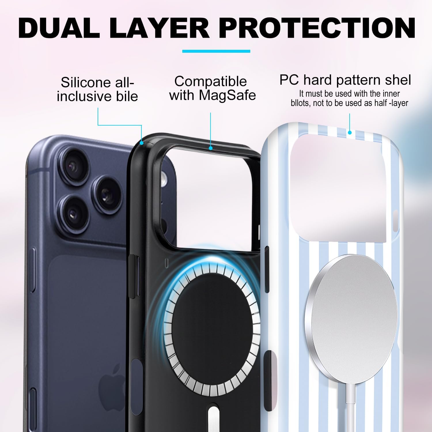 Magnetic for iPhone 17 Pro Max Case Cute Stripes Phone Case, Shockproof Slim TPU and Hard PC Protective Phone Cover Compatible with MagSafe Designed for Women Girls, Blue and White - Image 3