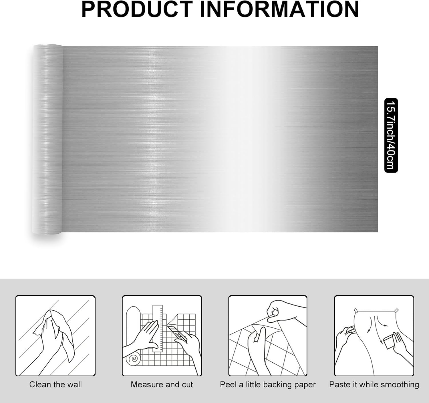 Silver Metallic Peel and Stick Wallpaper Stainless Steel Contact Paper for Kitchen Countertop Backsplash 15.7"x472" Modern Waterproof Self Adhesive Wall paper for Appliances Dishwasher Fridge