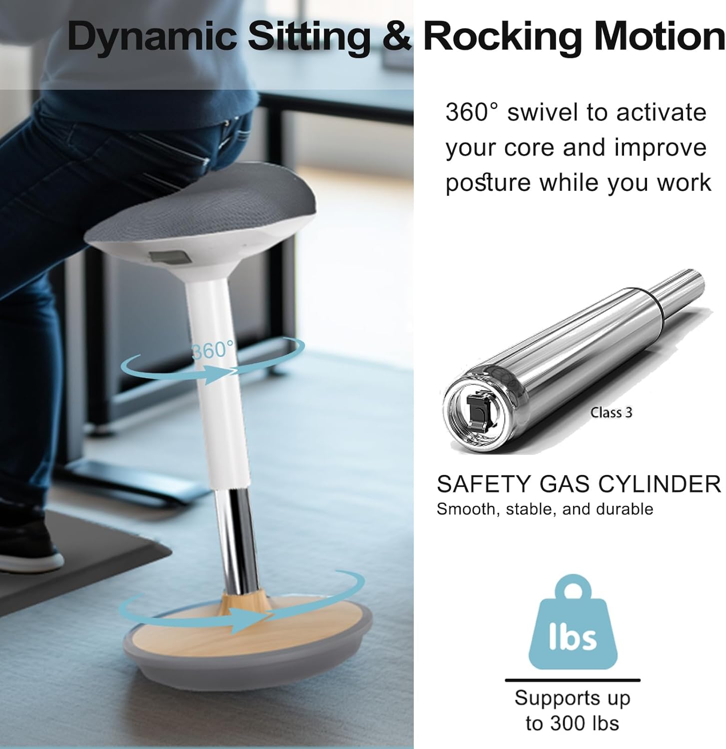 Ergonomic Wobble Stool, Standing Desk Chair Height Adjustable (22.6-32.5 Inch), Active Sitting Stool with 360° Swivel & Rocking Motion, Non-Slip Base for Home Office, Classroom, Light Wood - Image 5