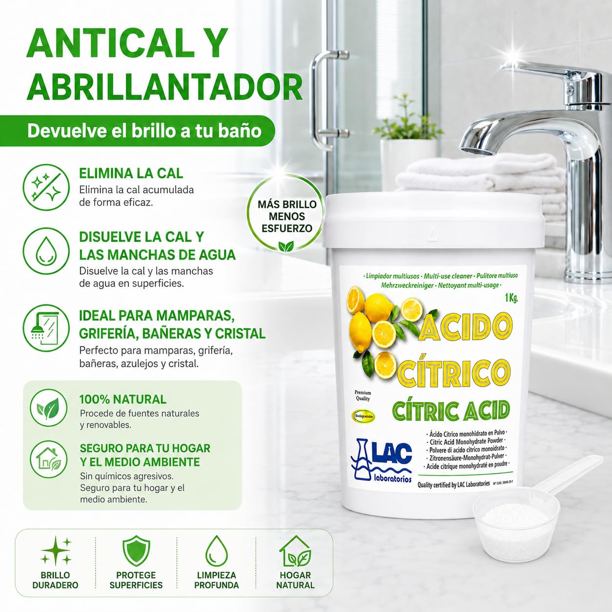 Ácido Cítrico anhidro natural 100% puro 1 kg laboratorios LAC