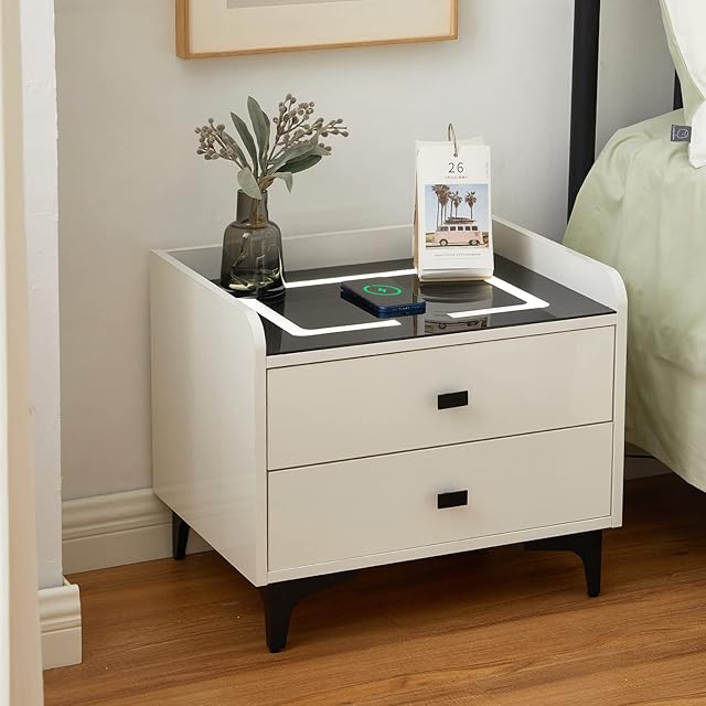 LEMROE Smart Bedside Table with Wireless Charging Bedside Cabinet with LED Light Nightstand Organiser with High Gloss Front for Bedroom Living Room Storage (1, black and white, D41 × W53 × H45cm)