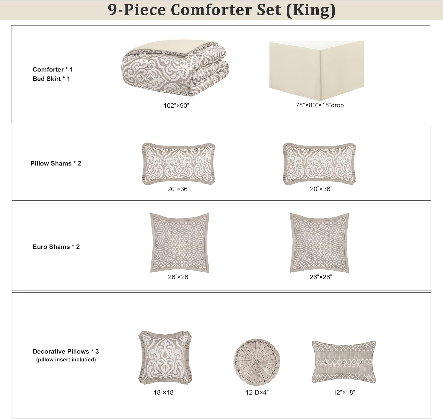 Loom and Mill 9-Piece Contemporary Jacquard Comforter Set, Luxury Damask Bedding Sets King, Ultra Soft Comforter with Euro Shams, Bedskirt, Filled Decorative Pillow for All Season(Taupe Beige,King)