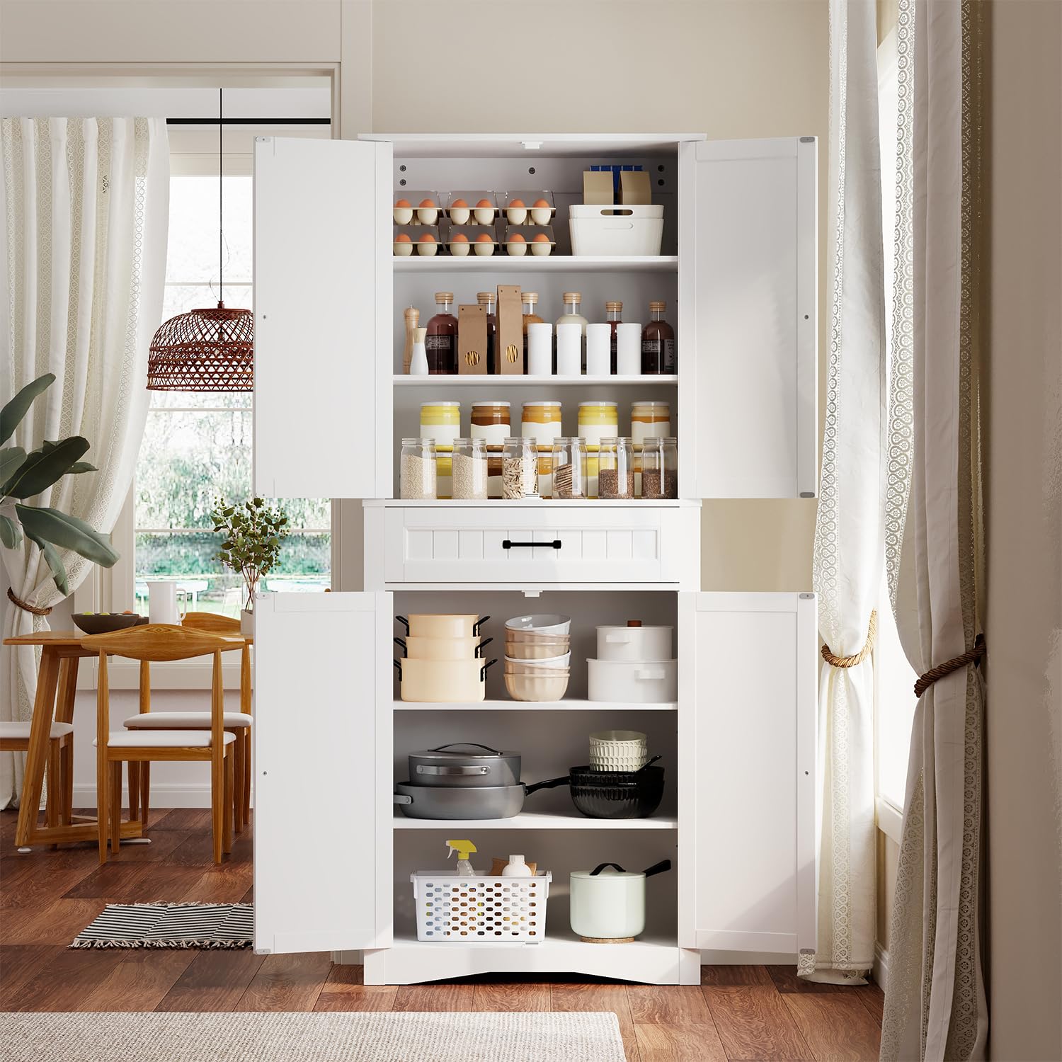 Buffet de Cuisine, Haute Crédence, Unité de Rangement avec 4 Portes et 1 Tiroir, Grande capacité, Étagères Réglables, pour Salon, Salle à Manger, Couloir, Style Moderne (72x40x182 cm) (Blanc)