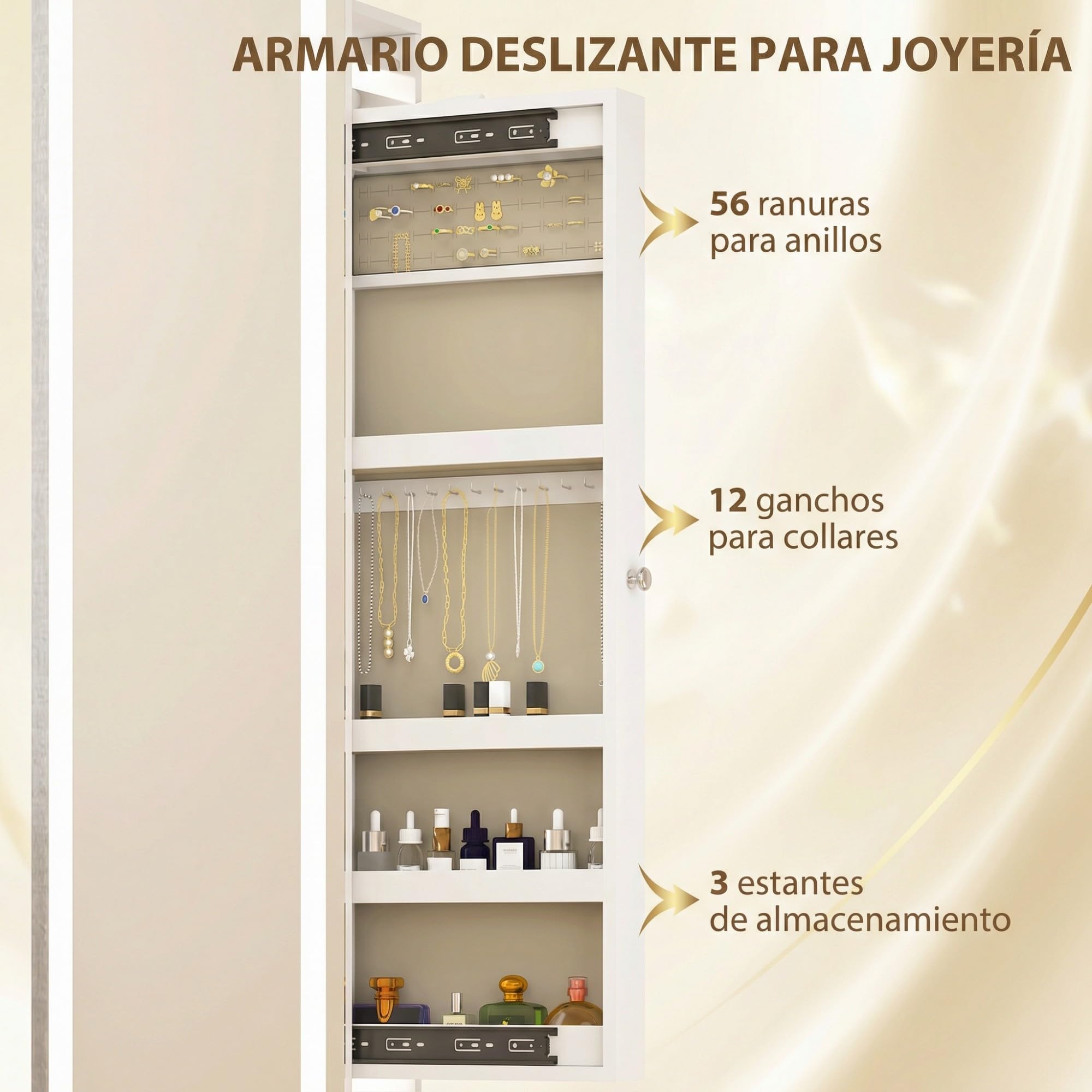 HOMCOM Espejo Joyero con Luces LED, Armario Joyero con Espejo de Cuerpo Entero sin Marco, Armario para Joyas Giratorio 360° con Estantes Abiertos, Perchero y Barras para Colgar, Blanco y Forro Beige