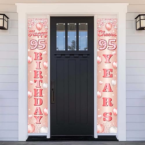 Cartel de feliz cumpleaños 95 de oro rosa, telón de fondo de globos de confeti de 95 años, decoración temática de globos de confeti para mujeres de