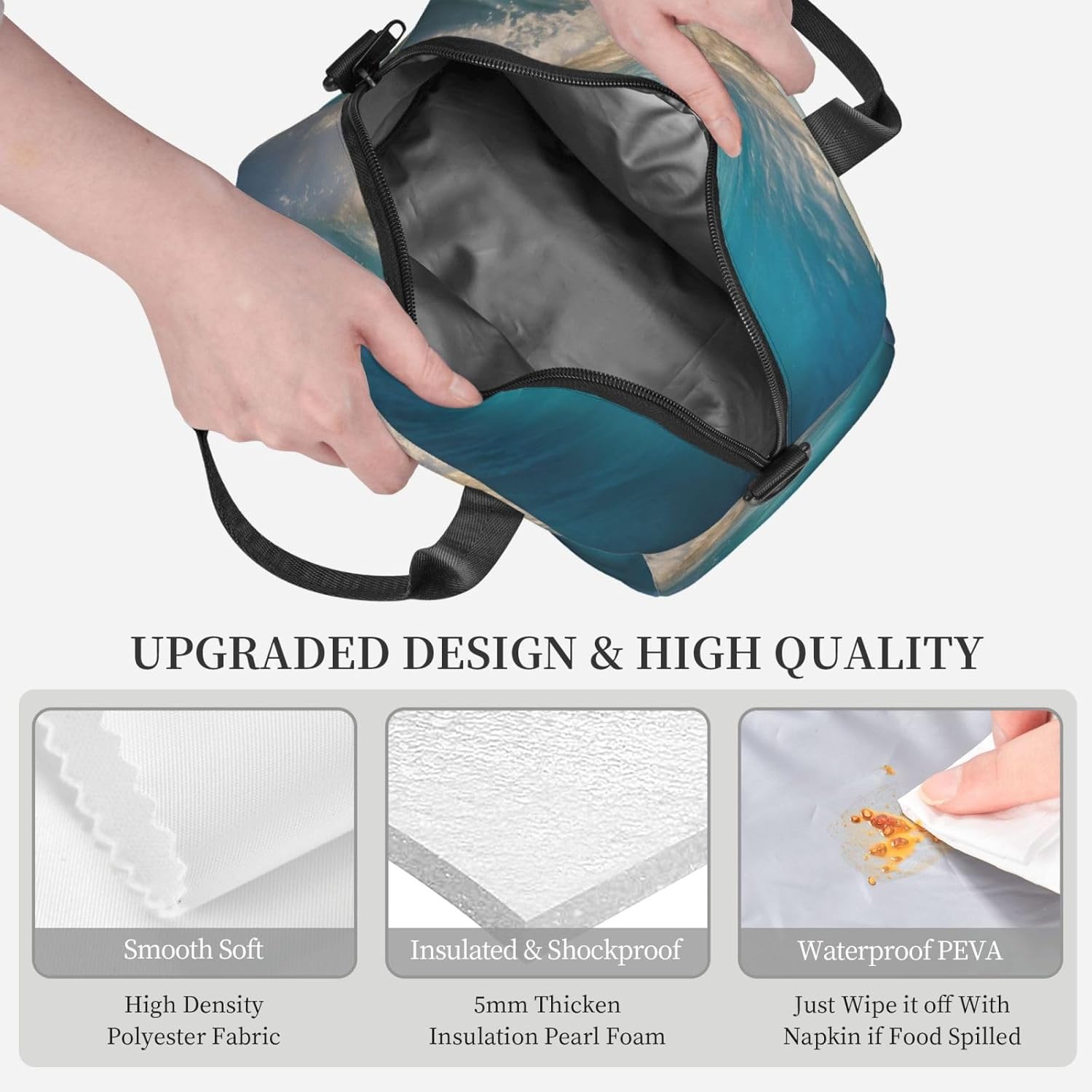 Ocean Sea Wave Print Reusable Lunch Bag Insulated Lunch Boxes for Office Work Picnic Tote Bag Adjustable
