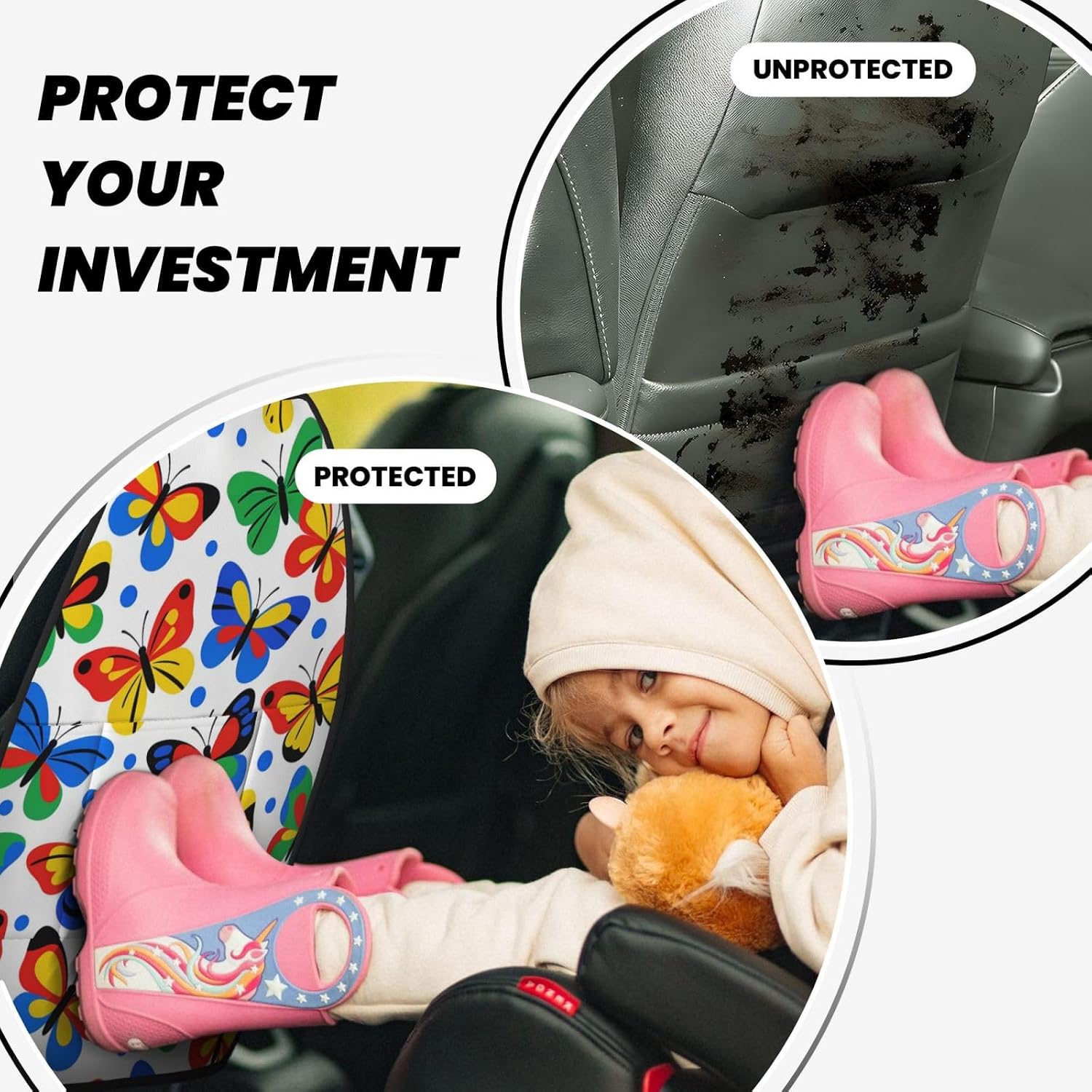 Colorful Butterfly Print Car Seat Back Kick Protector 2 Pack, 18.5x26.4 Inch Anti-Kick Pad, Waterproof Oxford Fabric Large Rear Seat Cover for Kids Pets Fits SUV Jeep Truck Sedan