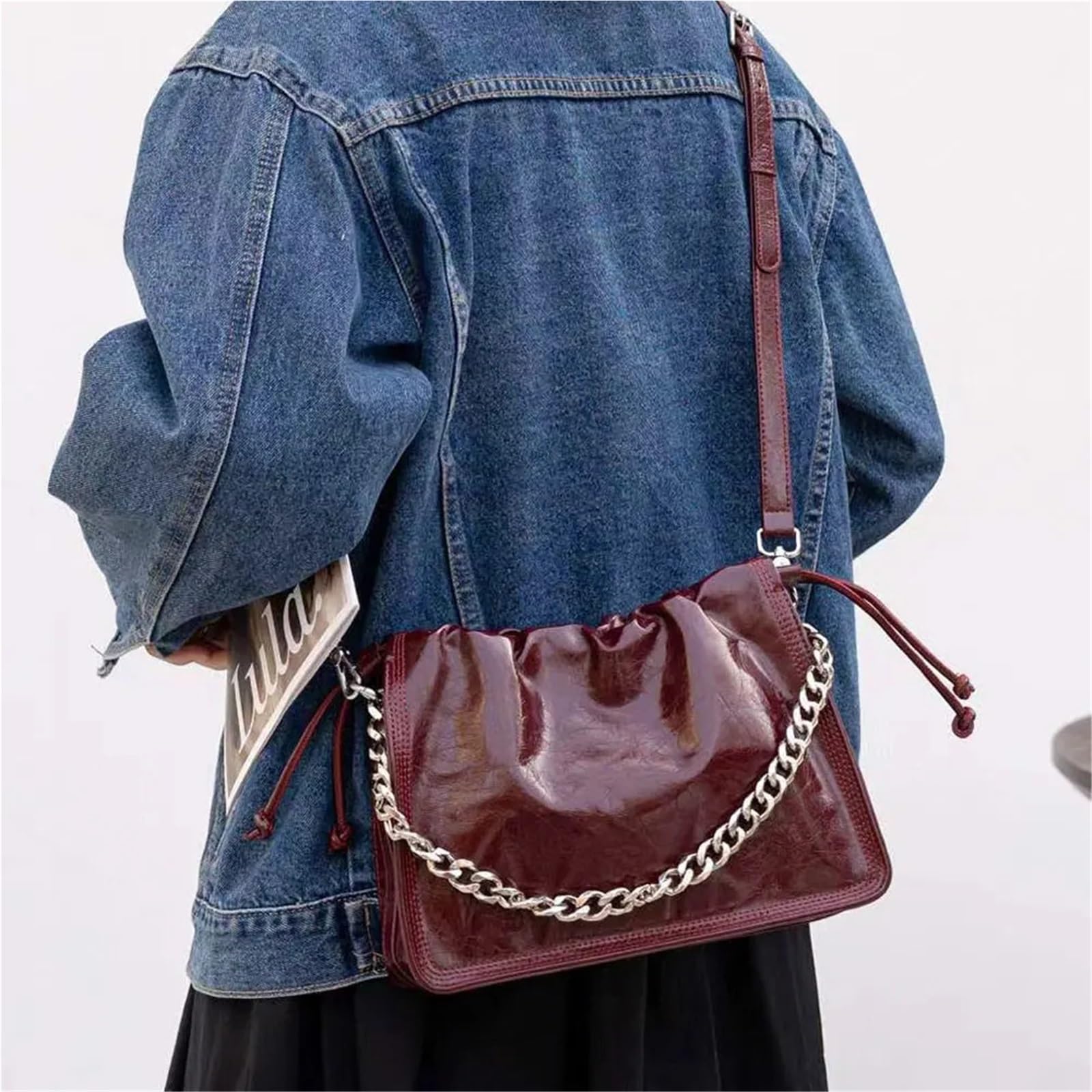 Bolso de mujer piel auténtica, bandolera arrugada, bolso mano Para Viajes Compras Trabajo Citas