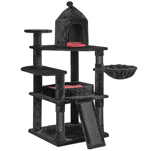 BEWISHOME Gothic Cat Tree with Coffin Bed, Cat Tower for Indoor Cats with Spacious Cat Condo, Sisal Scratching Ramp, Cozy Basket Black Cat House Halloween Pet Furniture Cat Activities Center MMJ92R