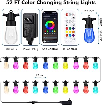 TviewSmart Outdoor String Lights, 52FT 20 RGBW LED Bulbs, Patio Lights