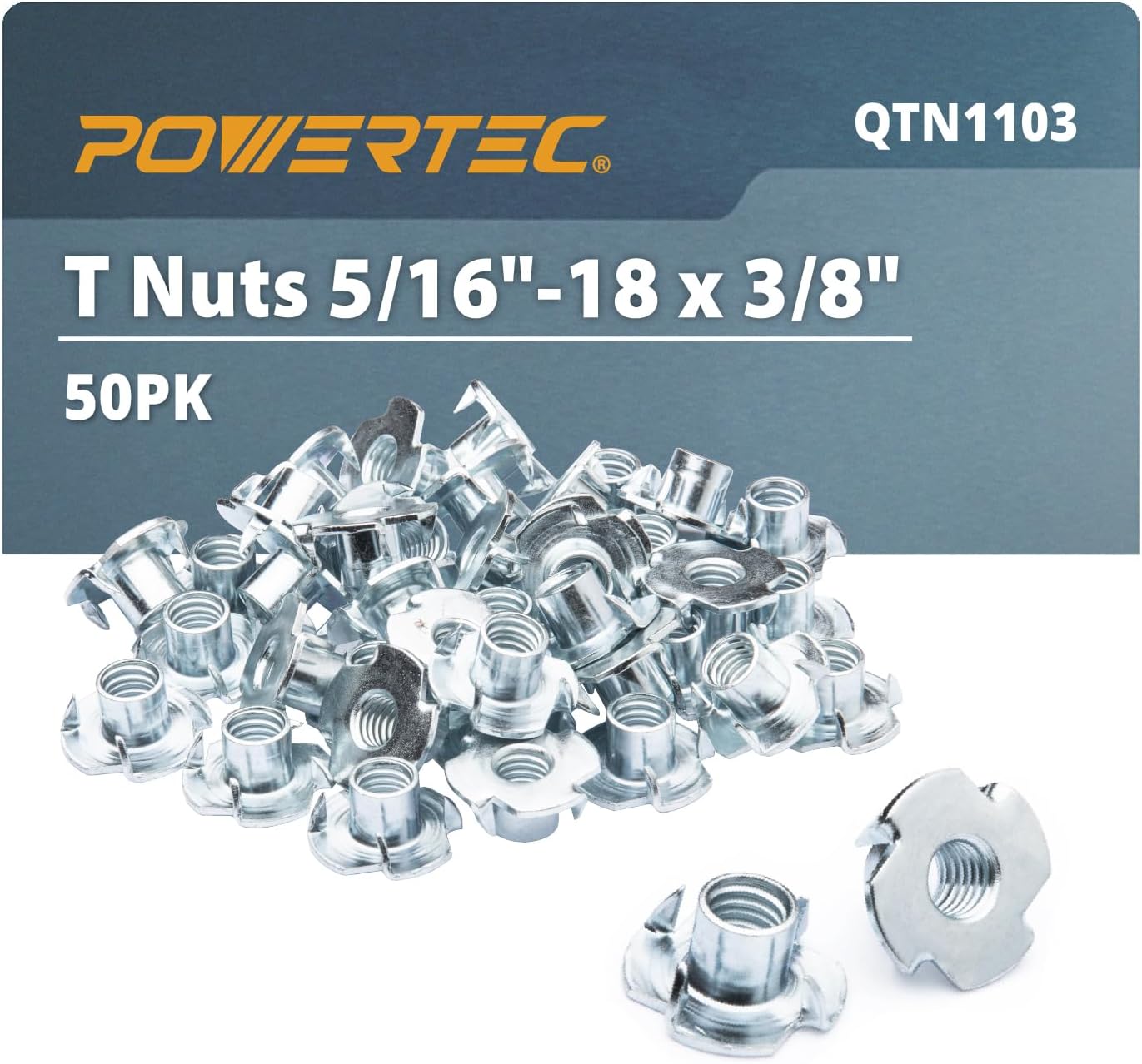 POWERTEC 3/8-16 T Nuts, 50 Pcs | 4 Pronged Tee Nuts for Bolts and Stem Caster Wheels, Threaded Inserts for Wood Working, Rock Climbing Holds and Furniture, for Use with Hammer | 1/2" Length (QTN1106)